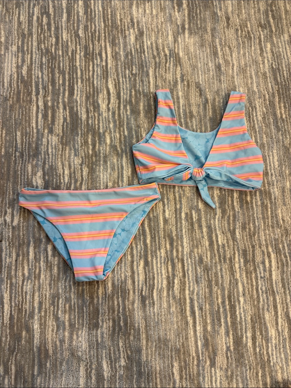 F&F Girls Reversible Pastel Striped Tie-Front Bikini in Light Blue & Pink